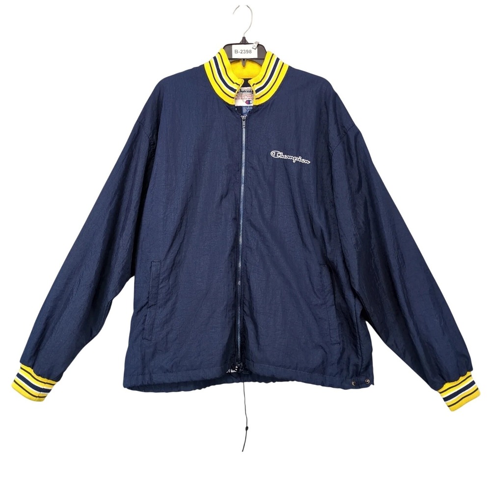 Vintage 90s Champion Navy Windbreaker Coach Jacket Mens L Lined Spellout Logo